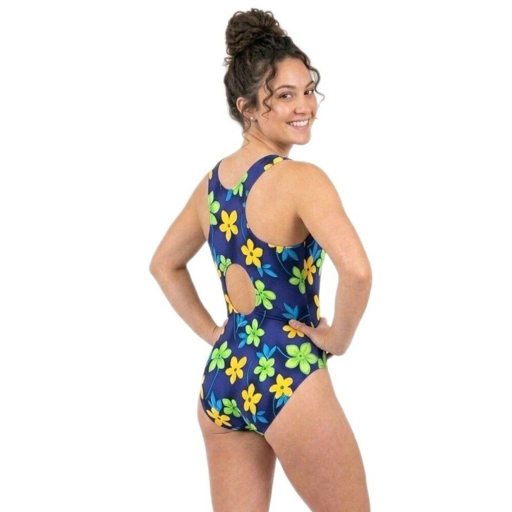 GK Elite VTG Navy Ribbed Bold Floral Racerback Keyhole Tank Leotard AL Adult L